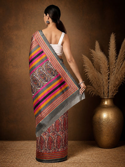 Indiehaat | Kashmiri Silk Printed Saree Red & Brown