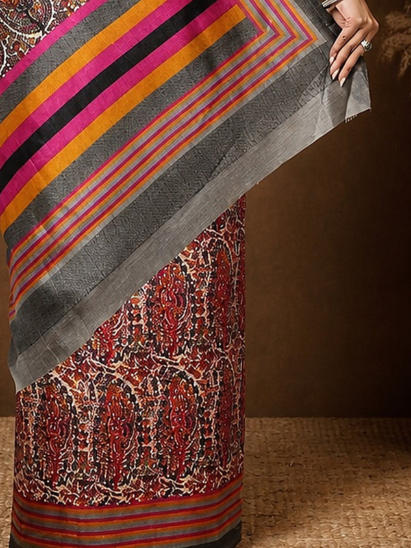 Indiehaat | Kashmiri Silk Printed Saree Red & Brown