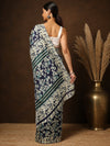 Indiehaat | Kashmiri Silk Printed Saree Navy Blue & Off-W