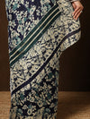Indiehaat | Kashmiri Silk Printed Saree Navy Blue & Off-W
