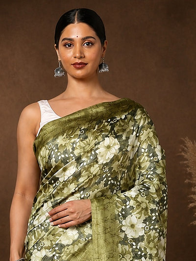 Indiehaat | Kashmiri Silk Printed Saree Olive Green & Dar