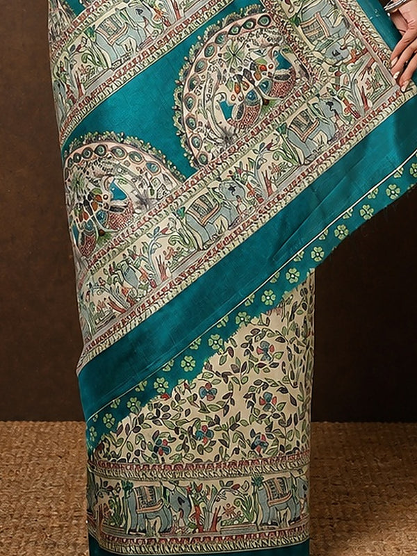 Indiehaat | Kashmiri Silk Printed Saree Off-White & Teal
