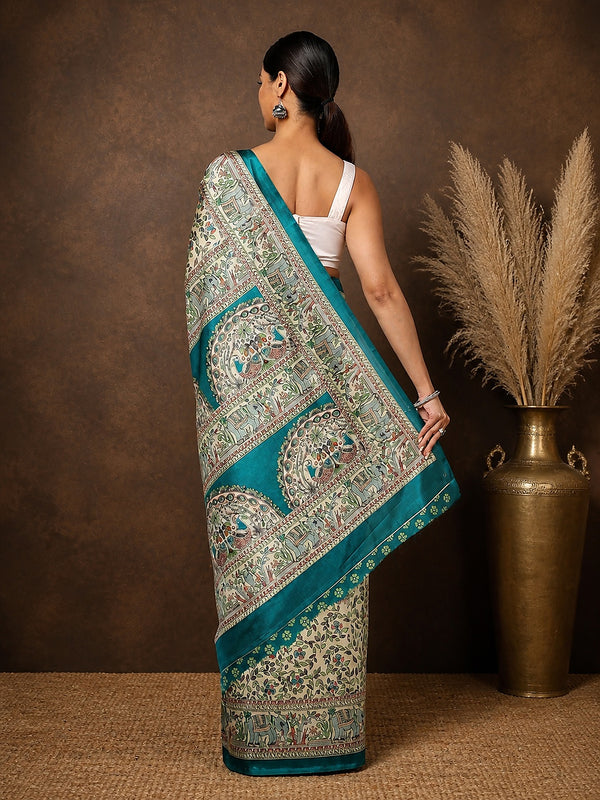 Indiehaat | Kashmiri Silk Printed Saree Off-White & Teal
