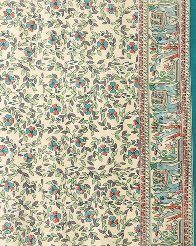 Indiehaat | Kashmiri Silk Printed Saree Off-White & Teal