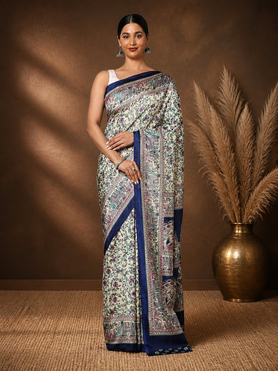 Cream & Navy Figurative Printed Kashmiri Silk Saree | Manzar