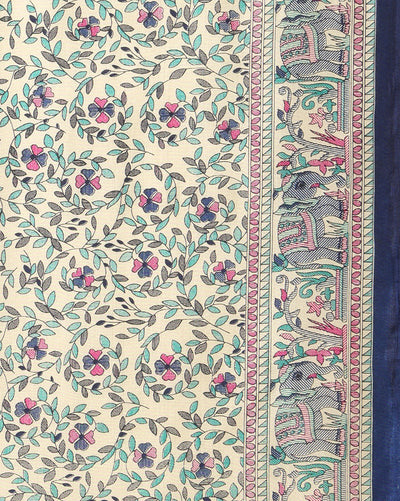 Indiehaat | Kashmiri Silk Printed Saree Cream & Navy Blue