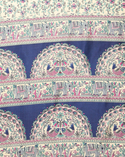 Indiehaat | Kashmiri Silk Printed Saree Cream & Navy Blue