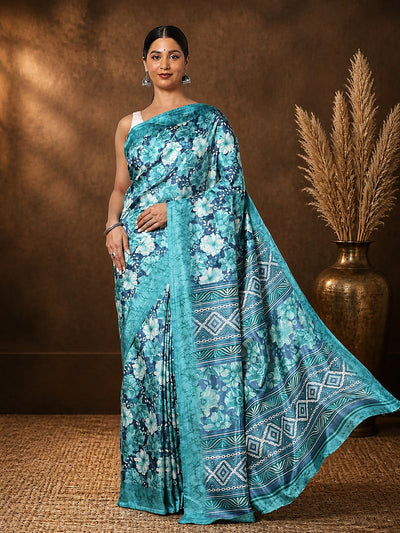 Teal Floral Kashmiri Silk Saree, Geometric Pallu | Kyaari