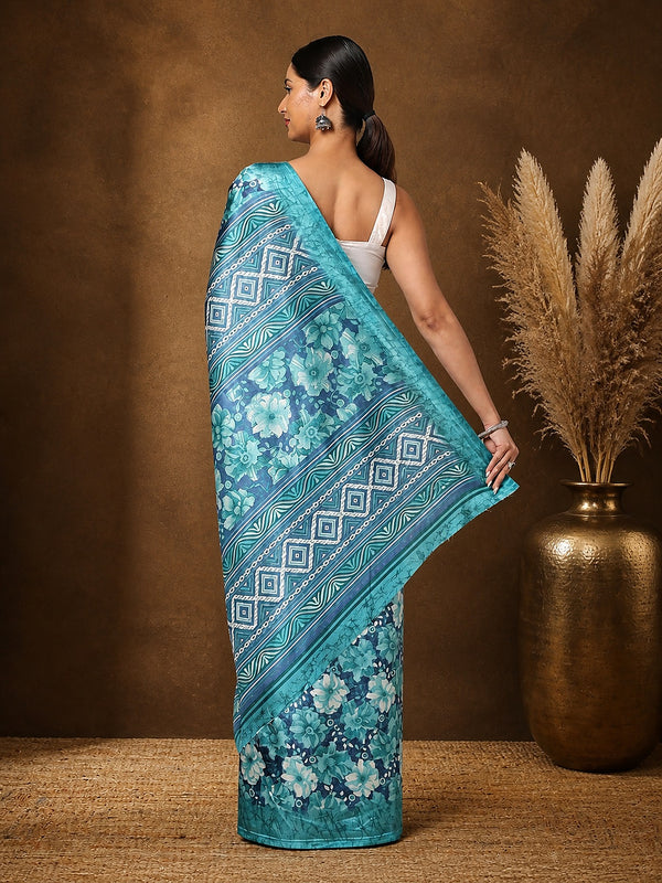 Indiehaat | Kashmiri Silk Printed Saree Teal & Turquoise