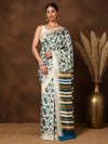 Indiehaat | Kashmiri Silk Printed Saree Off-White & Teal