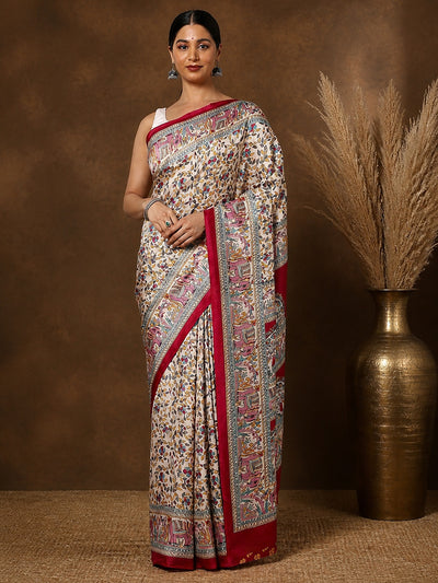 Off White & Red Elephant Printed Kashmiri Silk Saree | Manzar