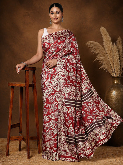 Deep Red Floral Kashmiri Silk Printed Saree | Kyaari