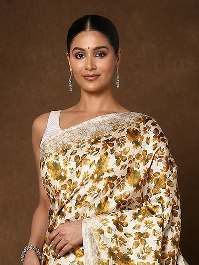 Indiehaat | Kashmiri Silk Printed Saree White & Mustard Y