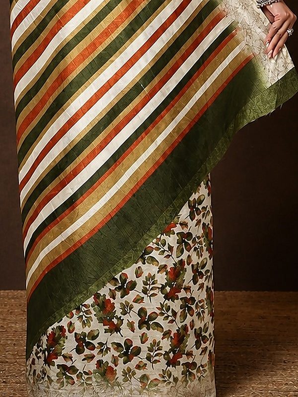 Indiehaat | Kashmiri Silk Printed Saree White & Green