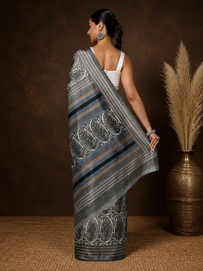 Indiehaat | Kashmiri Silk Printed Saree Grey & Black