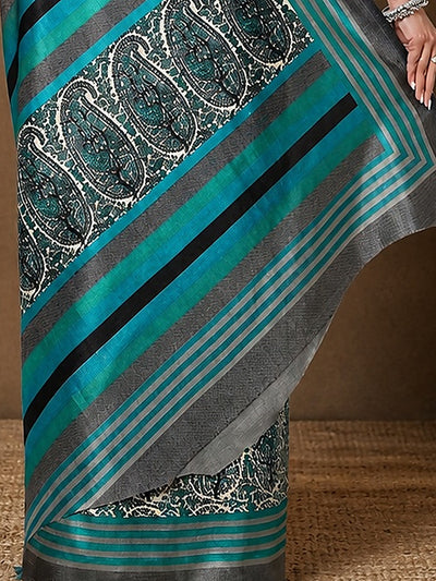 Indiehaat | Kashmiri Silk Printed Saree White & Teal