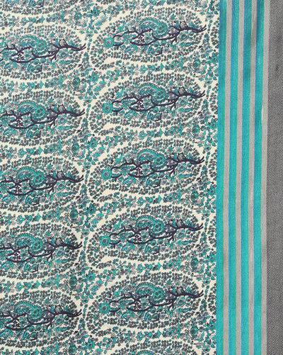Indiehaat | Kashmiri Silk Printed Saree White & Teal