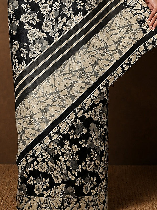 Indiehaat | Kashmiri Silk Printed Saree Black & Beige