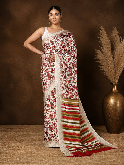 Indiehaat | Kashmiri Silk Printed Saree Off-White & Red
