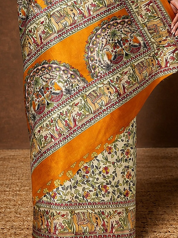 Indiehaat | Kashmiri Silk Printed Saree Off-White & Musta