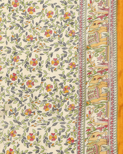 Indiehaat | Kashmiri Silk Printed Saree Off-White & Musta
