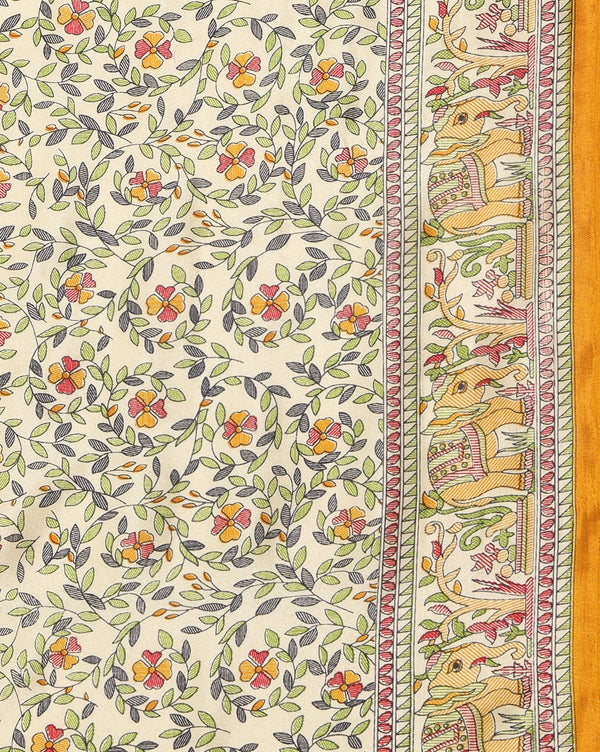 Indiehaat | Kashmiri Silk Printed Saree Off-White & Musta