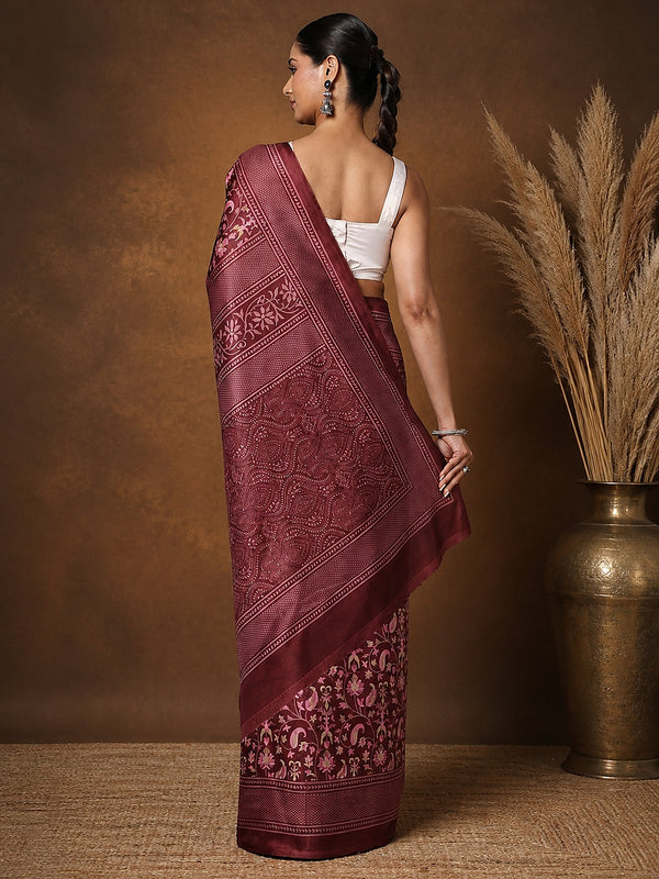 Indiehaat | Kashmiri Silk Printed Saree Maroon