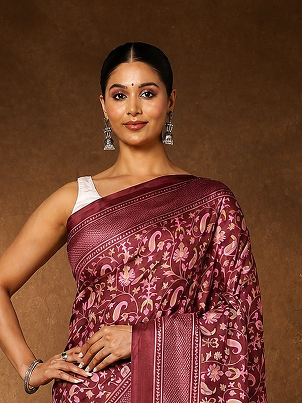 Indiehaat | Kashmiri Silk Printed Saree Maroon