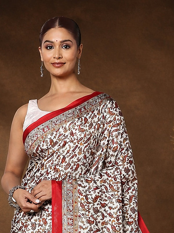 Indiehaat | Kashmiri Silk Printed Saree White & Red