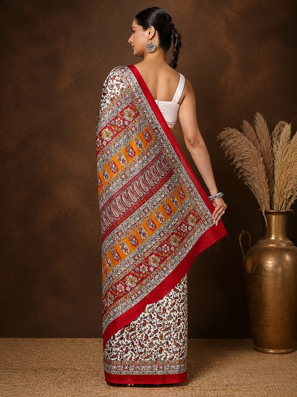 Indiehaat | Kashmiri Silk Printed Saree White & Red