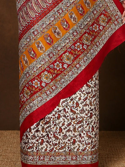 Indiehaat | Kashmiri Silk Printed Saree White & Red