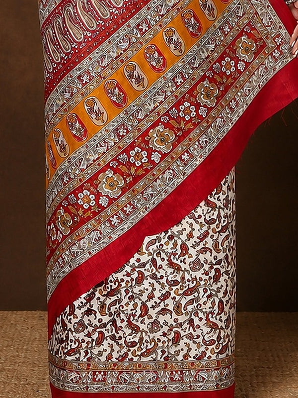 Indiehaat | Kashmiri Silk Printed Saree White & Red