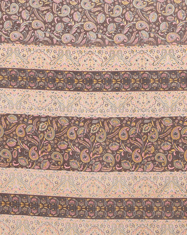 Indiehaat | Kashmiri Silk Printed Saree Dark Brown & Cream