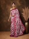 Off White and pale-pink Kashmiri Silk printed saree with an all-over botanical leaf print and an ornate deep-plum floral end-panel, finished with a solid mauve border.