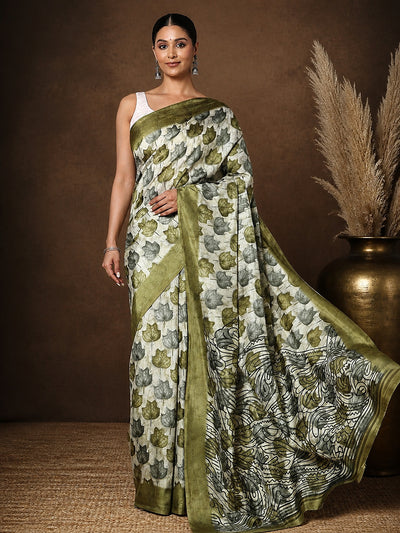 White & Olive Border Kashmiri Silk Printed Saree | Patjhad