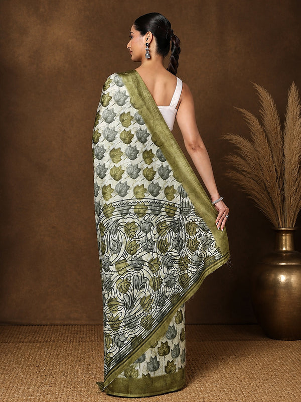 Indiehaat | Kashmiri Silk Printed Saree White & Olive Green