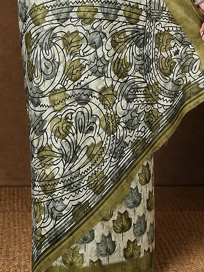 Indiehaat | Kashmiri Silk Printed Saree White & Olive Green