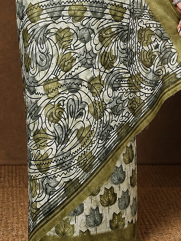 Indiehaat | Kashmiri Silk Printed Saree White & Olive Green