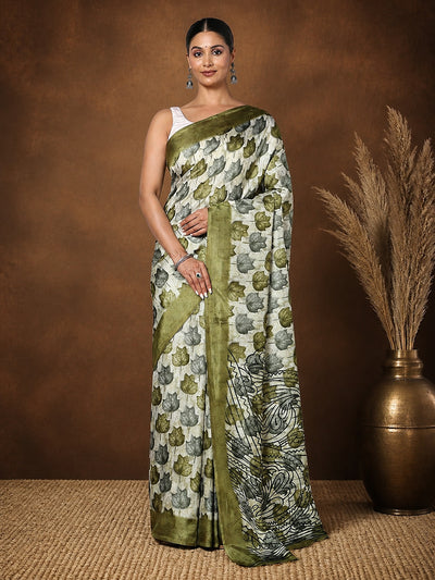 Indiehaat | Kashmiri Silk Printed Saree White & Olive Green