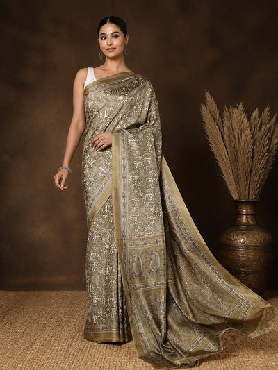 Olive Paisley Printed Kashmiri Silk Saree | Silsila