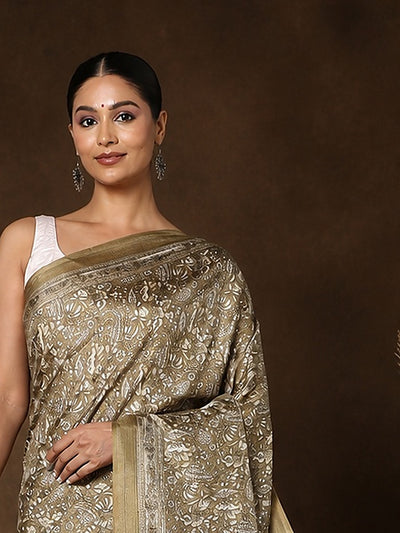 Indiehaat | Kashmiri Silk Printed Saree Olive & Brown