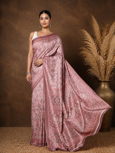 Dusty Rose Paisley Printed Kashmiri Silk Saree | Silsila