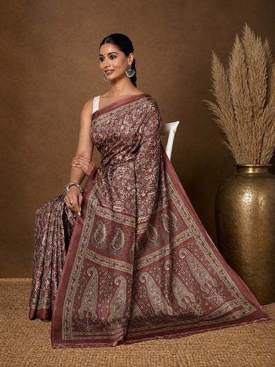 Maroon Bold Paisley Kashmiri Silk Printed Saree | Manzil