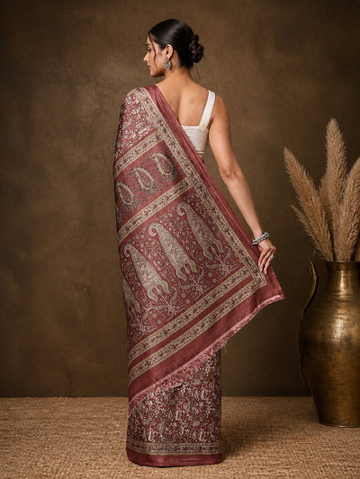 Indiehaat | Kashmiri Silk Printed Saree Maroon & Dusty Rose