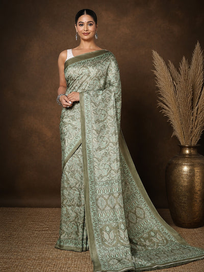 Sage Green Paisley Printed Kashmiri Silk Saree | Silsila