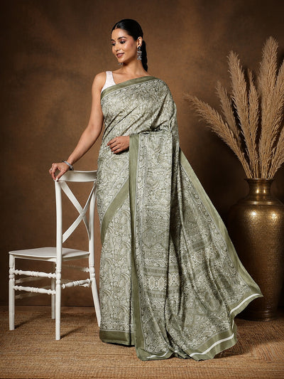 Olive Green Paisley Kashmiri Silk Printed Saree | Manzil