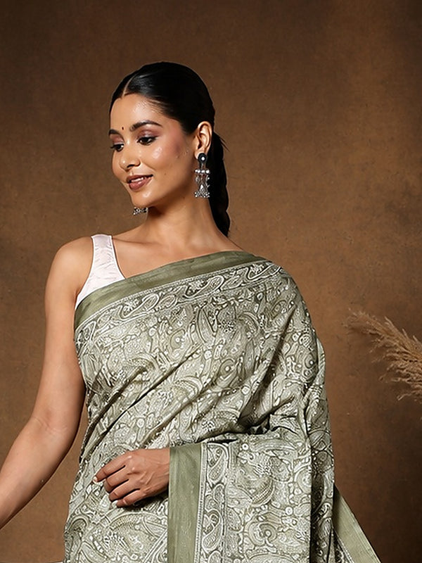 Indiehaat | Kashmiri Silk Printed Saree Olive Green & Pal