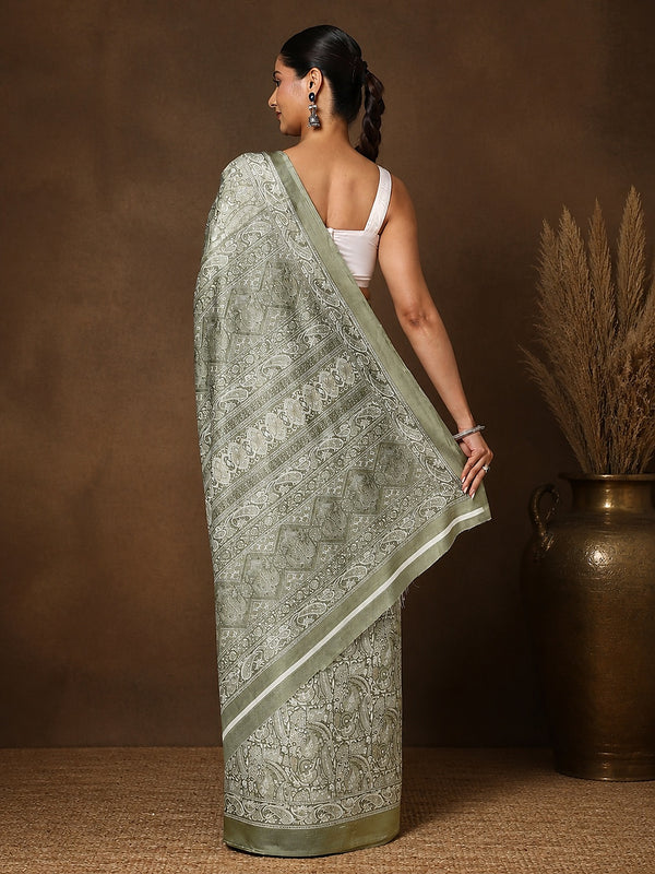 Indiehaat | Kashmiri Silk Printed Saree Olive Green & Pal