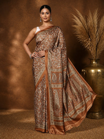 Brown & Bronze Paisley Kashmiri Silk Printed Saree | Manzil