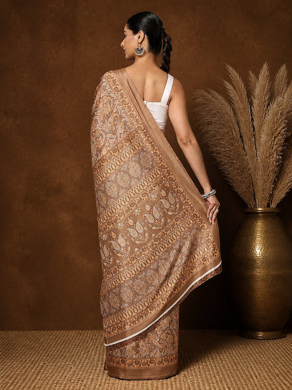 Indiehaat | Kashmiri Silk Printed Saree Tan & Brown